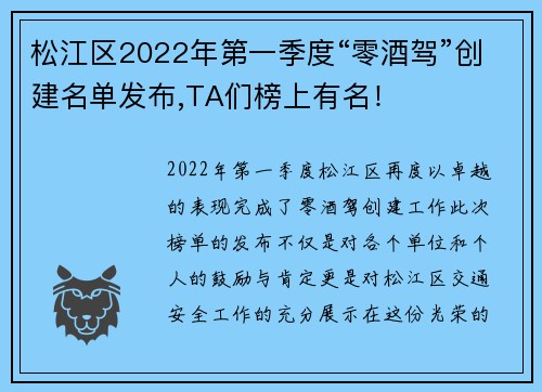 松江区2022年第一季度“零酒驾”创建名单发布,TA们榜上有名！