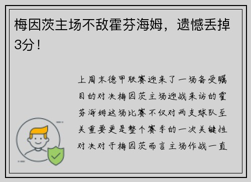 梅因茨主场不敌霍芬海姆，遗憾丢掉3分！