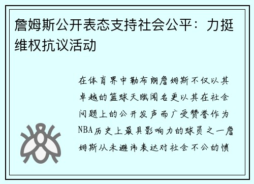 詹姆斯公开表态支持社会公平：力挺维权抗议活动