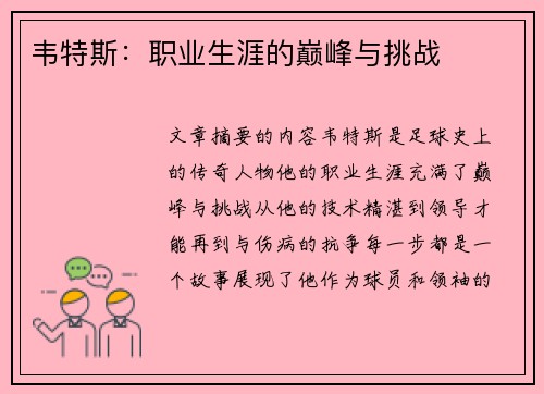 韦特斯：职业生涯的巅峰与挑战