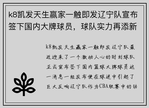 k8凯发天生赢家一触即发辽宁队宣布签下国内大牌球员，球队实力再添新动力